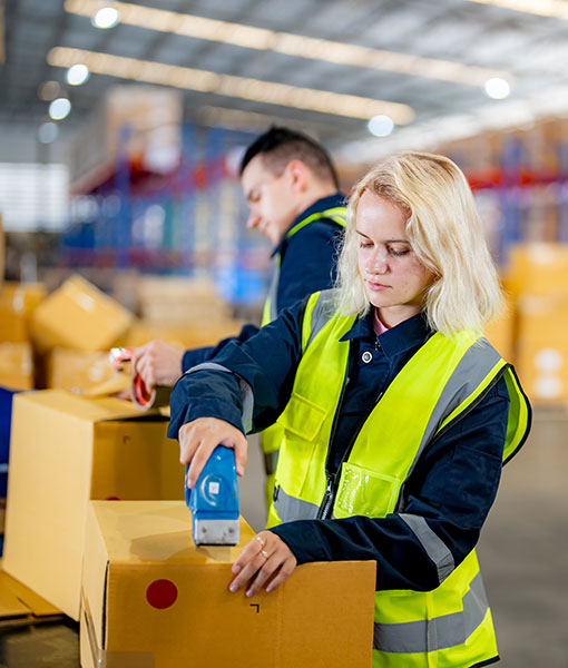 Warehouse worker preparing packages for dispatch and distribution