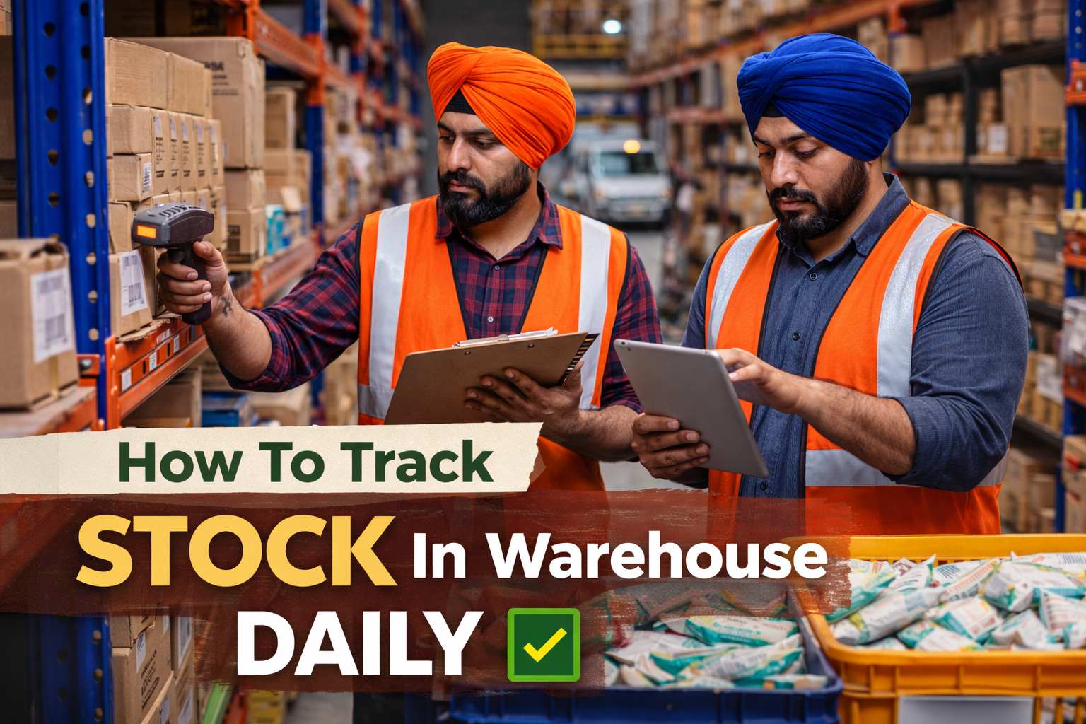Punjabi warehouse workers tracking stock daily using barcode scanner and inventory management software