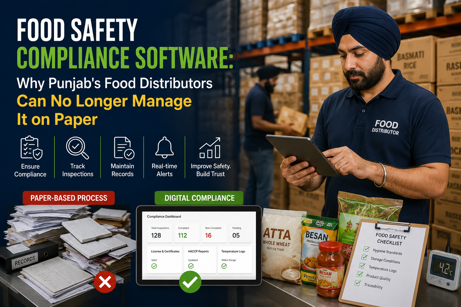 Primary: FSSAI food safety compliance software dashboard for Punjab food distributors